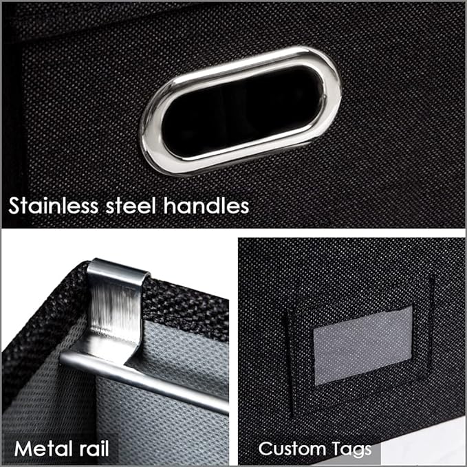 PRANDOM File Organizer Box - Set of 4 Collapsible Decorative Linen Filing Storage Hanging File Folders with Lids Office Cabinet Letter Size Black (14x9.3x10.8 inch)