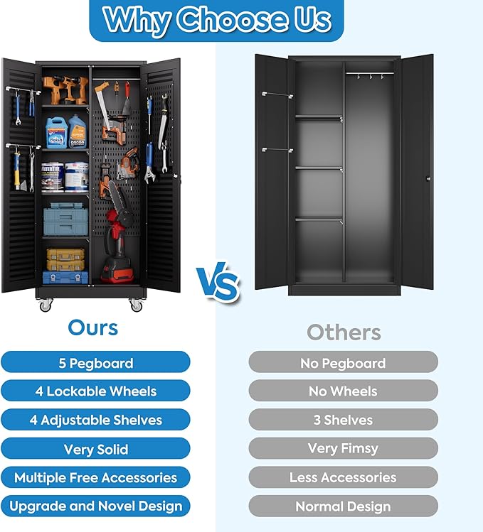 Garage Storage Cabinet with Wheels and 4 Shelves, Metal Broom Closet Storage Cabinet with Hanging Rod, Pegboard and 13 Hooks for Garage Home, Black, Assembly Required