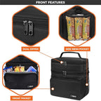 opux Insulated 2 Deck Lunch Bag for Men Women, Large Dual Compartment Cooler Bag for Work School Picnic, Leakproof with Strap for Kid Adult (Black)