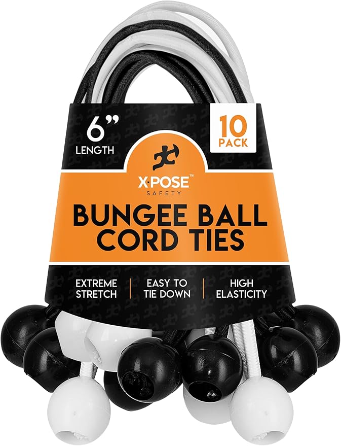 Xpose Safety Bungee Ball Cords 6" 10 Pack Heavy Duty Assorted Colors Black and White Stretch Rope with Ball Ties for Canopies, Tarps, Walls, Cable Organization