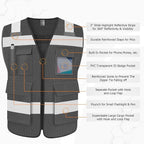 TCCFCCT Mesh Hi Vis Vest 5 Pockets High Visibility Reflective Safety Vest for Men Women, Neon Construction Vest with Horizontal Strip for Walkie-talkie and ID Card, Meets ANSI/ISEA Standards, Grey, 3XL