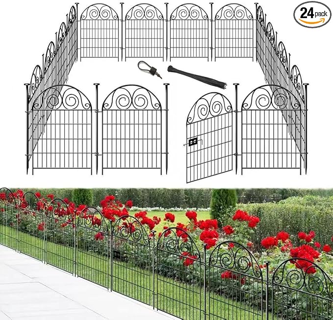 Tall Garden Fence with Gate, 32 Inch(H) 24 Panels Total Length 52.5 Ft Dog Fence Outdoor, Decorative Fence for Garden,Metal Temporary Fencing│Patented