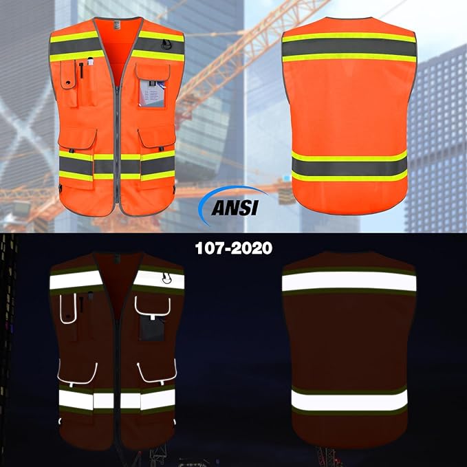 TCCFCCT Work Vest for Men Women 9 Pockets High Visibility Safety Vest with Fluorescent Yellow Extend Edge, Hi Vis Reflective Vest for Workers, Surveyors, Meets ANSI/ISEA, (DB-Orange, 4X-Large)