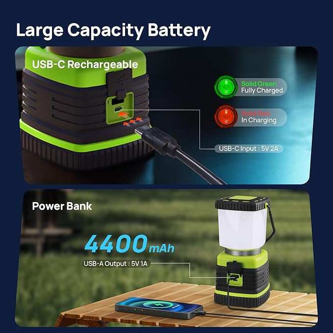 LED Camping Lantern Rechargeable, Consciot Camping Lights, 1000LM, 4 Light Modes, 4400mAh Power Bank, IPX4 Waterproof, Dimmable Tent Lights for Emergency, Power Outages, USB C Cable Included, 2 Pack