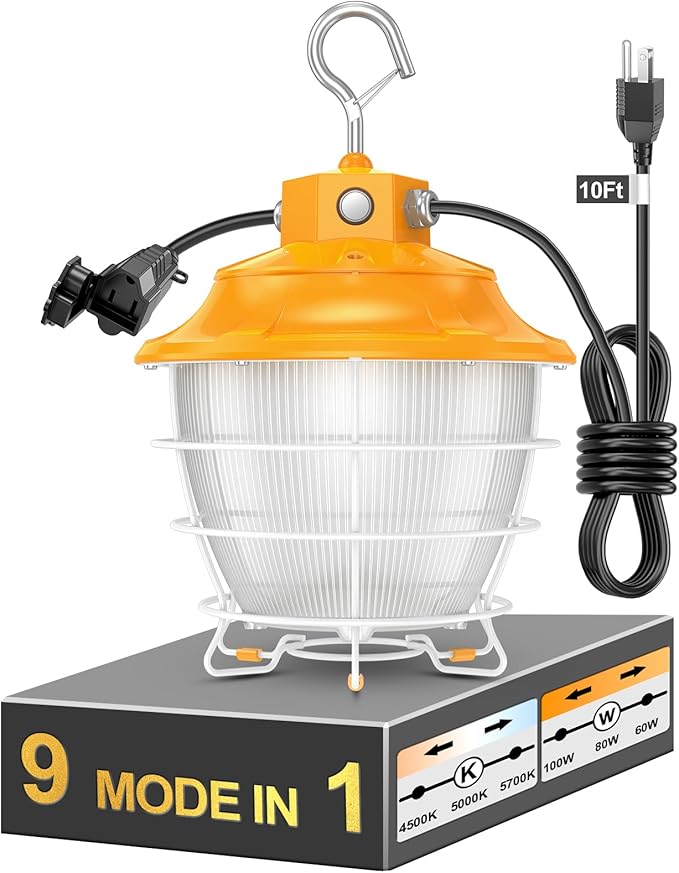 LED Temporary Work Light 80W 64W 48W Tunable 4500K 5000K 5700K Tunable 12000LM Portable Hanging Linkable Construction Light ETL DLC Listed with ON/Off Button for Job Site, Workshop