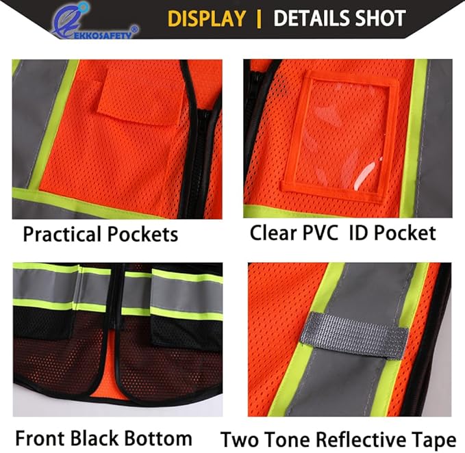 Reflective Mesh Safety Vest for Men Women with 5 Pockets and Zipper Front High Visibility Mesh Vest Hi Vis Construction Work Vest,Meets ANSI/ISEA Standards(EK175-Orangeblack-M)
