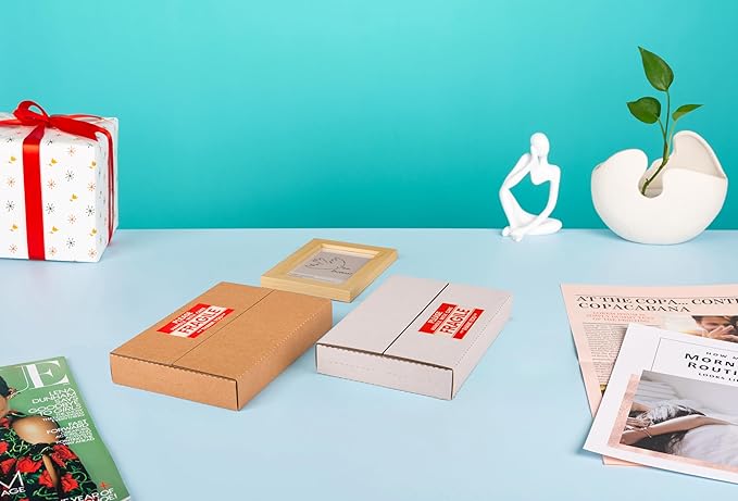 50 Pack 9x6x1.3 inch Corrugated Cardboard Boxes, Multi-Depth CD DVD Shipping Boxes with Fragile Stickers for Mailing, Storing, Packaging, Brown