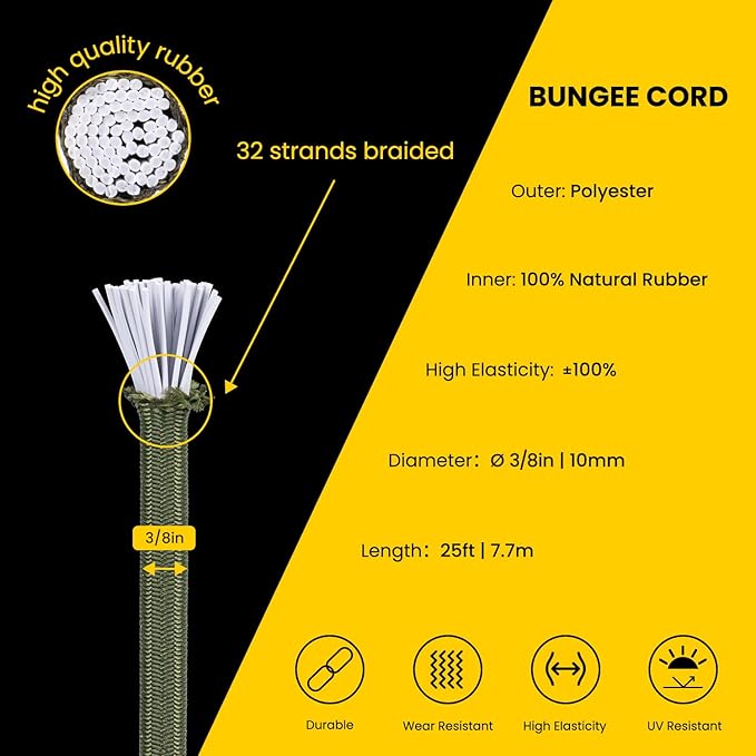 Bungee Cord Elastic Shock Cord 3/8" x 25' Bungee Rope for DIY, Tie Downs, Kayak and Outdoor - Army Green