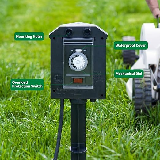 TiFFCOFiO Outdoor Power Strip Waterproof, 24 Hour Mechanical Timer, 50 ft Extension Cord, 6 Grounded Outlets for Outdoor Lights, ETL Listed (50 FT)
