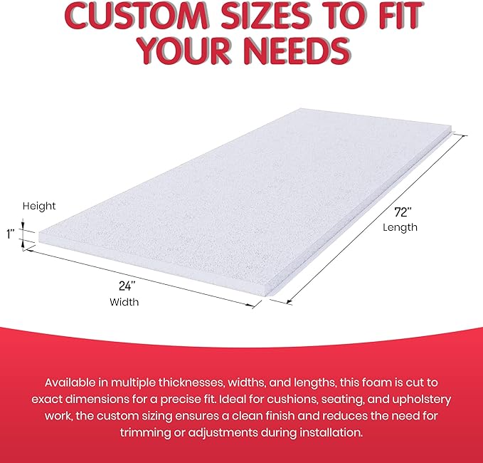 Foamy Foam High Density 3 inch Thick, 18 inch Wide, 72 inch Long Upholstery Foam, Cushion Replacement