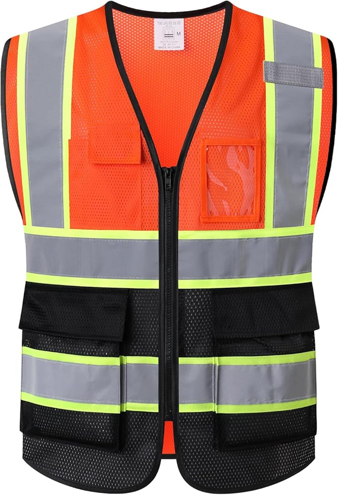 Reflective Mesh Safety Vest for Men Women with 5 Pockets and Zipper Front High Visibility Mesh Vest Hi Vis Construction Work Vest,Meets ANSI/ISEA Standards(EK175-Orangeblack-M)