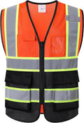 Reflective Mesh Safety Vest for Men Women with 5 Pockets and Zipper Front High Visibility Mesh Vest Hi Vis Construction Work Vest,Meets ANSI/ISEA Standards(EK175-Orangeblack-M)