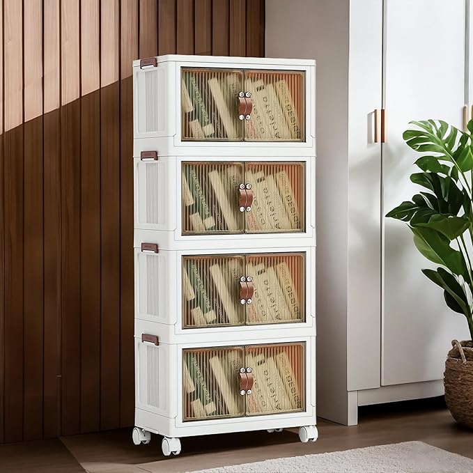 4 Tier Plastic Stackable Storage Bins and Boxes Organizer, Foldable Containers, Stackable Closet Organizers, Collapsible Boxes, White (3 Tier, 23.6″)