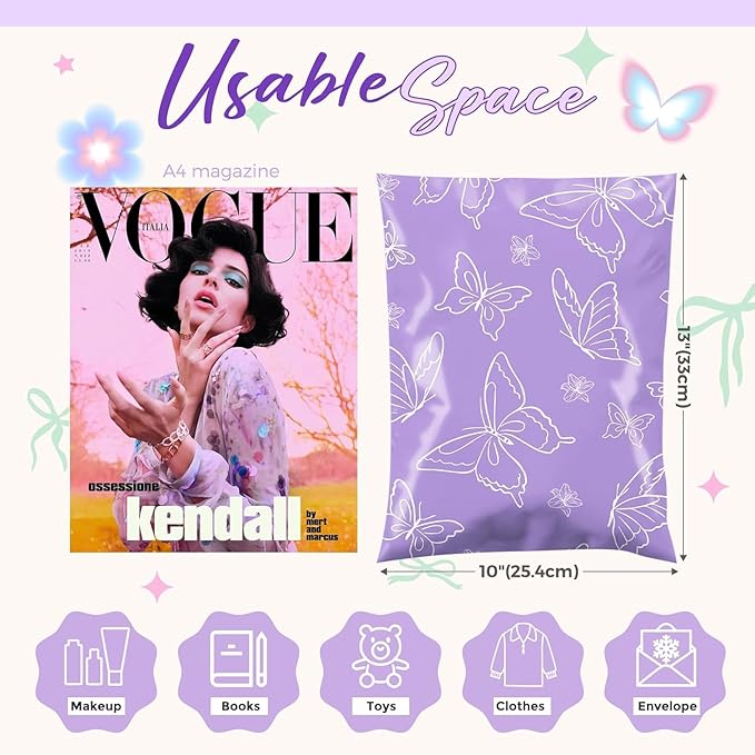 Metronic Poly Mailers 10x13 Inch 1200pc, Shipping Bags for Clothes,Self Adhesive Shipping Envelopes for Small Business,Waterproof Mailers Poly Bags for Shipping,Packaging Mailing Bags Purple Butterfly