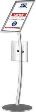 M&T Displays Curved Menu Board, 11x17 Inch Pedestal Sign Holder with 8.5x11 Inch Brochure Holder Silver Floor Standing Aluminum Front Loading Easy Open Poster Message Advertisement Post