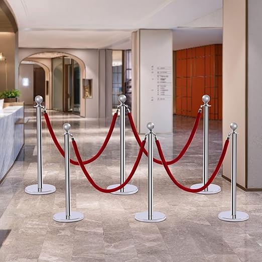6 Packs Stanchions Posts, Stanchions Set Crowd Control Barriers with 4.9 ft Red Velvet Rope, Stanchion and Velvet Ropes Red Carpet Poles for Party Supplies