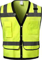 Reflective Safety Vest With Back Plan Pocket, High Visibility Class 2 Heavy Duty Surveyor, ANSI/ISEA Standard Construction Work for Men & Women (Lime-Button, XL)