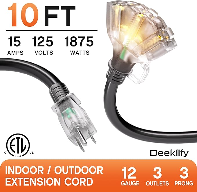 10 ft 12 Gauge 3 Outlet Extension Cord Splitter with Indicator, Waterproof Indoor/Outdoor Extension Cord with Multiple Outlets, 15A 1875W for Home & Workshop, ETL Listed, Flexible Black SJTW