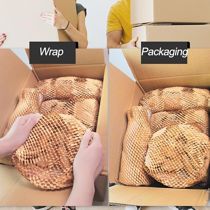 Packing Dishes Recyclable Packing Material for Moving Glassware Eco Friendly Moving Paper Sheets Bubble Cushion Wrap for Packing 80GSM Honeycomb Paper Roll with Fragile Stickers 15"x100'