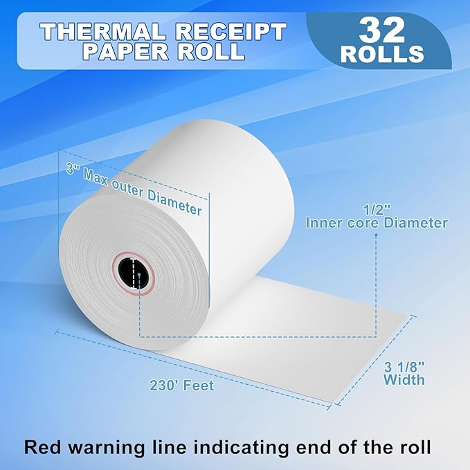3 1/8 x 230ft Thermal Paper 32 Rolls - 80mm Receipt Cash Register Paper, Fits Credit Card POS Square Terminal Printer - Fits Star Micronics TSP100 TSP143 Epson