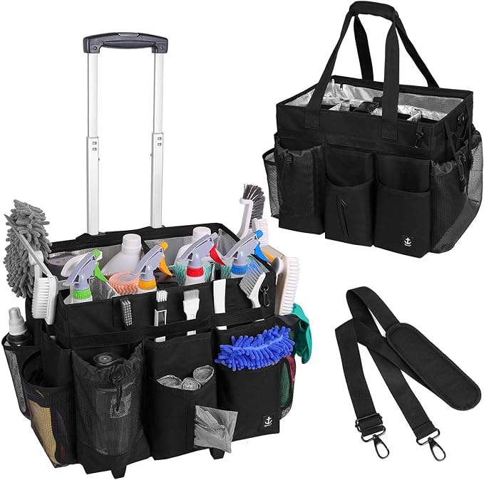 Extra Large Rolling Cleaning Caddy Bag with Detachable, Foldable Trolley Portable Cleaning Cart for Housekeeping Cleaning Caddy with Adjustable Shoulder Strap and Multiple Storage Pockets