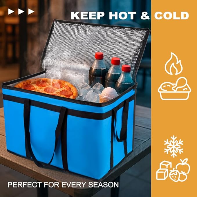 XXXL Insulated Food Delivery Bag - Reusable Thermal Cooler Grocery Bags for Catering & Delivery, Pizza Carrier for Events, Large Capacity Bag Keeps Food Hot/Cold for Shopping, Commercial (Blue, 1PK)