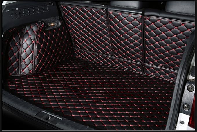 Trunk Mat for Mercedes GLC SUV 5 Seater 2023-2025(Non for Hybrid) GLC260 GLC250 GCL300 GLC350 GLC450 Full Cover Cargo Mat+Backrest Cover+Both Sides Panel Replacement -Black w/Red Stitching