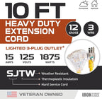 IRON FORGE CABLE 10 Foot Lighted Outdoor Extension Cord with 3 Electrical Power Outlets - 12/3 SJTW Heavy Duty Yellow Extension Cable with 3 Prong Grounded Plug for Safety, 15 AMP