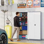 Metal Garage Storage Cabinets with Lock, 72" Tall Tool Cabinet with 2 Door and 5 Adjustable Shelves, Locking Garage Cabinets and Lockable Steel Locker for Home Office Warehouse-(Gray White-72”H)