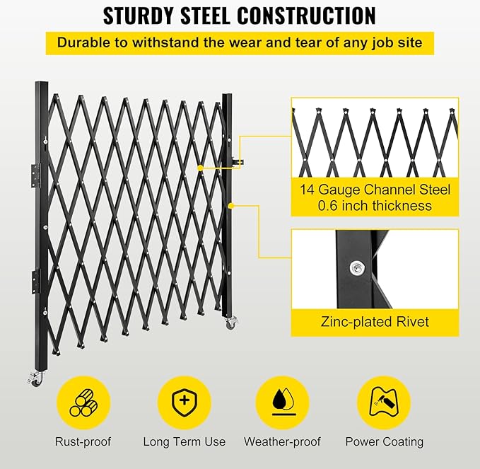 VEVOR Single Folding Security Gate, 51.57" H x 74" W, Steel Accordion Door, Flexible Expanding Barricade, 360 Rolling Scissor Gate With Padlock