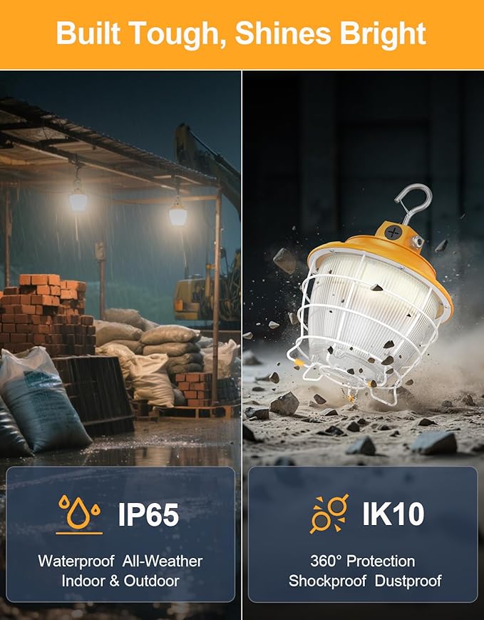 LED Temporary Work Light 60W 48W 36W Tunable 4500K 5000K 5700K Tunable 9000LM Portable Hanging Linkable Construction Light ETL DLC Listed with ON/Off Button for Job Site, Workshop