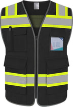 TCCFCCT Safety Vest for Men Women 5 Pockets Mesh High Visibility Reflective Vest with Reinforced Zipper, Durable Construction Work Vest with Fluorescent Orange Edge, Meets ANSI/ISEA, DW-Black, L