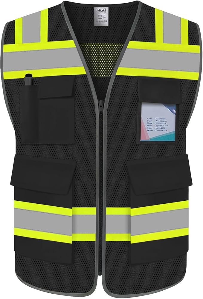 TCCFCCT Reflective Vest 5 Pockets Mesh Safety Vest with Reinforced Zipper, High Visibility Surveyor Work Vest for Men Women with Fluorescent Orange Edge, Durable to Use, Meets ANSI/ISEA,DW-Black, 4XL