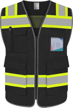 TCCFCCT Reflective Safety Vest 5 Pockets Mesh High Visibility Vest for Men Women, Hi Vis Construction Work Vest with Fluorescent Orange Edge, Durable with Reinforced Sewing, Meet ANSI/ISEA, DW-Black, S