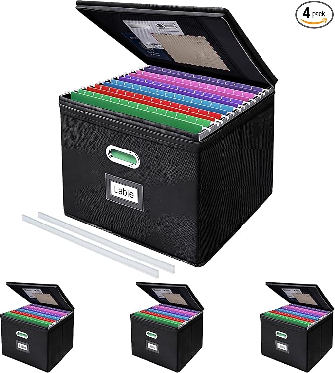 4 Pack Large File Organizer Boxes with Lids, Document Organizer Box with Mesh Pockets & Zippers for Letter/Legal Size Folders, Collapsible File Storage Box (Black, Without Folders)