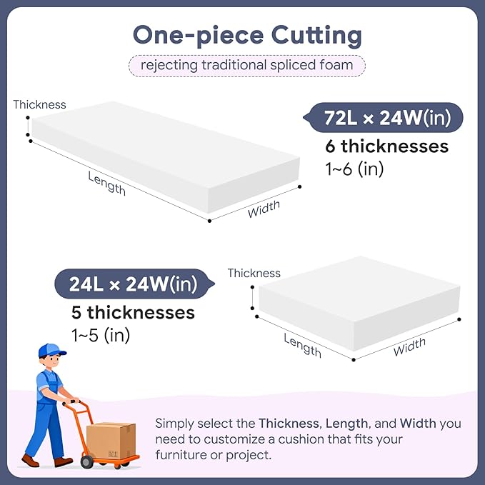 Upholstery Foam 2×24×72 Inch High Density Foam Strong Support Seat Foam for Couch Cushion Replacement Furniture Cushions Car Cushions DIY Projects (1PC)