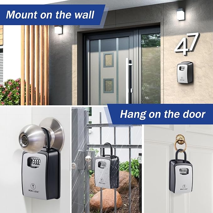 Iron Lock® Key Lock Box Portable with U-Shackle – XXL Waterproof Heavy-Duty Metal Safe with 4-Digit Combination for Spare Keys Outside on Door Knob, Fence or Gate (Grey, XXL)