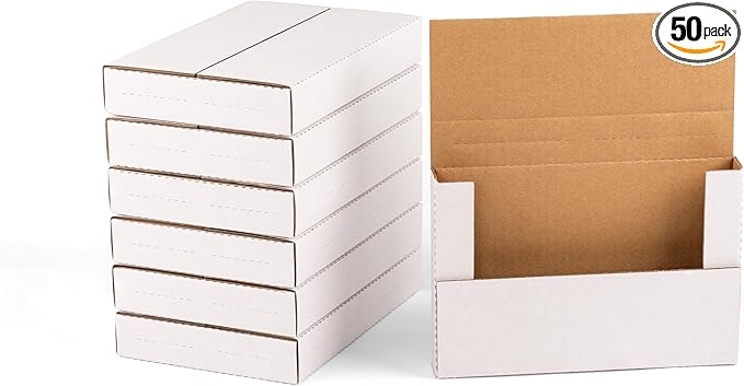 50 Pack 9x6x1.3 inch Small Shipping Boxes, Multi-Depth Flat Cardboard Boxes with Fragile Stickers for DVD Shipping, Packing, Moving, Storage, White