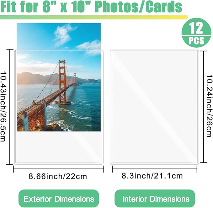 12PCS 8" x 10" Clear Rigid Card Sleeves – Waterproof Hard Plastic Protectors for Postcards, Prints, Photos, Trading & Sports Cards – Top Load Jumbo Sheet Holders