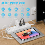 Power Strip Surge Protector Flat Plug with 20 AC Outlets 6 USB Chagring Ports, 1875W/15A, 2700J, 10 Ft Heavy Duty Extension Cord for Home, Office, Dorm, Gaming,ETL Listed (White, 10FT)