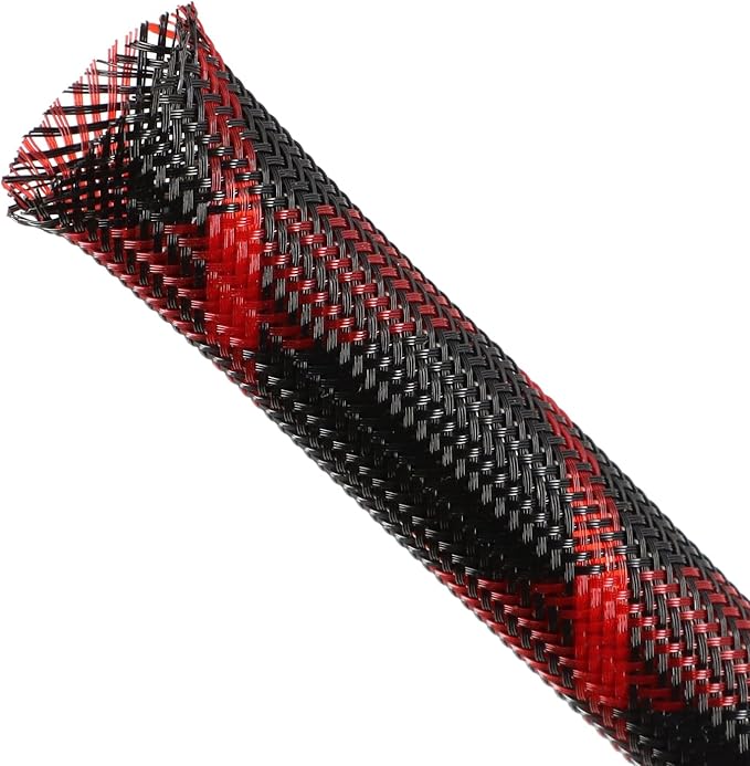 Expandable Braided Sleeving, PET Automotive Wire Loom, Flexible Cable Management for Audio Video and Other Home Device, Cord Protector from Pets (Black Red, 13/16" x 25ft)