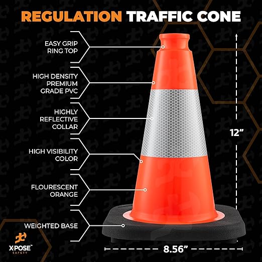 Xpose Safety 12 Inch Orange Traffic Cones with 4" Collar - 4 Pack Multipurpose PVC Plastic Safety Cone for Parking, Soccer, Caution, Kids and Construction - DOT Approved