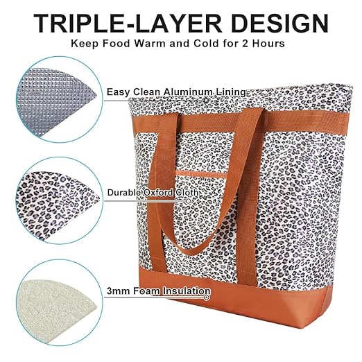 Insulated Reusable Tote Bag for Grocery Shopping for Women/Men, Pizza/Food Delivery Bag to Keep Food Cold/Hot for Commercial Delivery Services, Cooler bags for Travel/Beach/Picnic, Cow Print