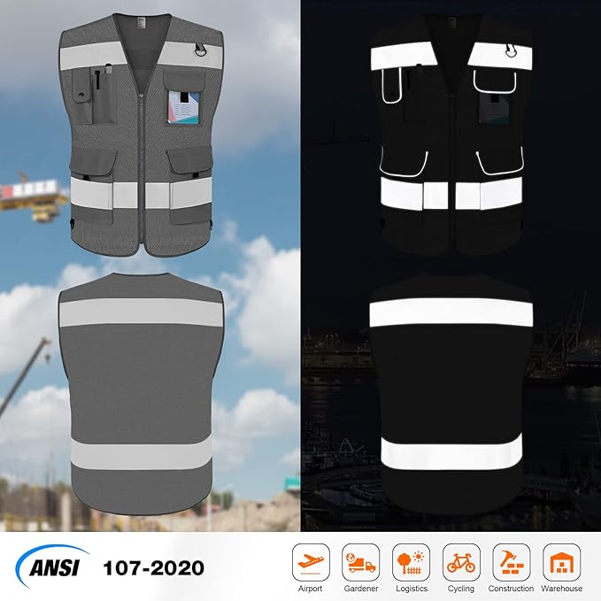 TCCFCCT Mesh Work Vest for Men Women 9 Pockets High Visibility Safety Vest with Reinforced Sewing, Hi Vis Reflective Vest for Workers, Surveyors, Meets ANSI/ISEA, (Grey, 4X-Large)