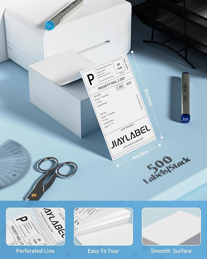 4x6 Thermal Shipping Label Mailing Stickers Paper for Thermal Label Printer USPS UPS Address Fanfold Big Packing White Color 500 Labels/Stack,1 Stack