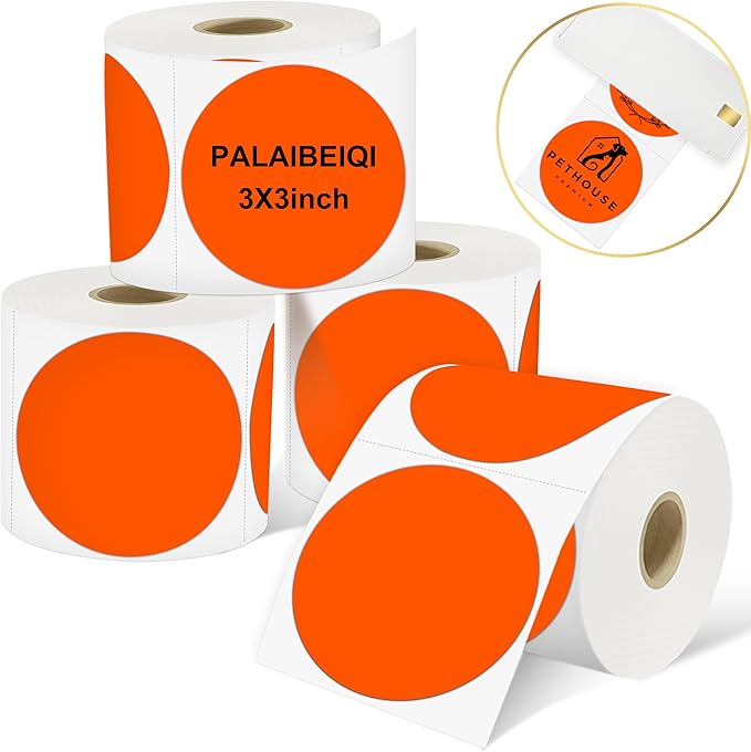 3 X 3 Inch Round Thermal Labels Circle Color Coding Labels Printable Waterproof 500PCS Round Stickers Adhesive Writable for Home, Garage, DIY Sticker, Barcodes,4 Rolls of Fluorescent Orange