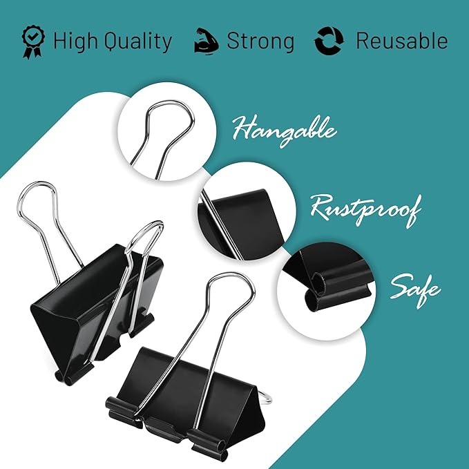 EXTRIC Binder Clips - 60 Pack, 2 Inch Black, Large, Tempered Steel Paper Clamps for Home, Office and School Supplies
