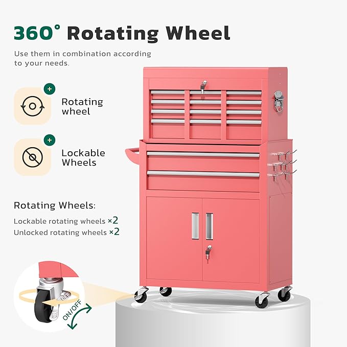 Greenvelly 8-Drawer Rolling Tool Chest, Metal Tool Chest with Wheels, Tool Cabinet with Detachable Top Tool Box, Metal Tool Cart with Liner & Hooks for Garage, Workshop, Warehouse (Pink)