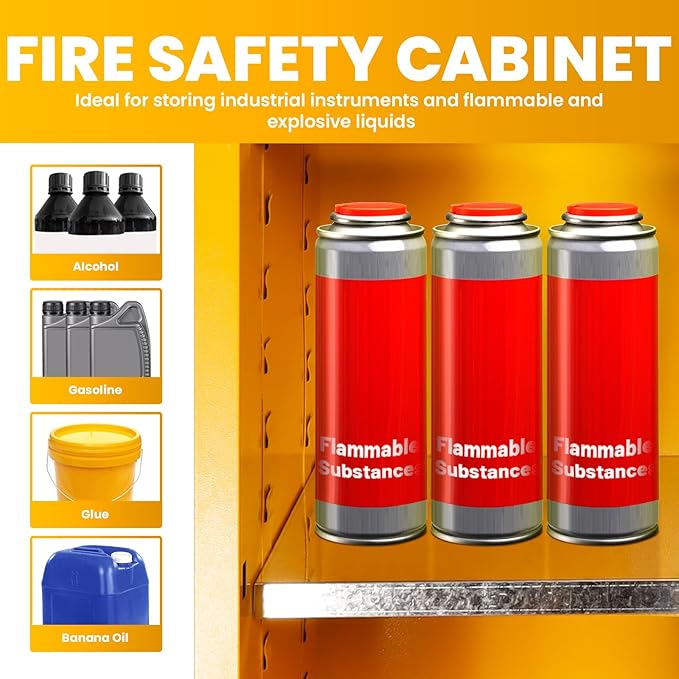 72 Gallon Yellow Flammable Storage Cabinet, Fireproof Steel Chemical Storage Locker with Adjustable Shelves, for Flammable Liquids, Industrial Use, Free Returns!