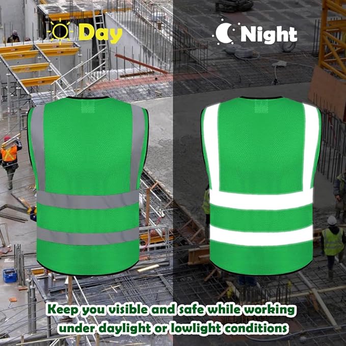 10 Pack Mesh Safety Vest Custom Logo High Visibility Reflective Vest with Pockets Security Work Vest（Green，XXL）